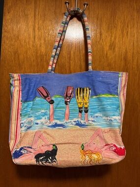 Beach Graphic Canvas Tote in Blue, Pink, Yellow